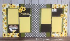 a scrapbook with sunflowers on it and the words august written in yellow