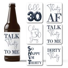 a bottle of beer next to coasters with the words talk thirty, thirty and thirty