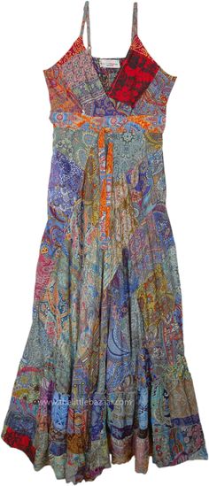 This effortlessly chic long long dress captivates with its vibrant colors of the patchwork in different prints. The flowy empire silhouette flatters all it's length, with a short smocked band on the back giving a top fit. #tlb #Printed #BohoDress #RetroDress Plus Size Maximalist, 70s Long Dress, Choir Director, Empire Silhouette, Fancy Tops, Dresses Boho, Hippie Look, Trendy Skirts, Garment Industry