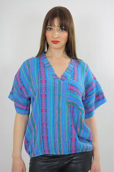 Tribal shirt Ethnic woven tunic Vintage 70s Hippie Boho abstract Gypsy kimono short sleeve striped D Vintage V-neck Top For Vacation, Blue Hippie V-neck Top, Bohemian Blue V-neck Tops, Bohemian Patterned Short Sleeve Tops, Bohemian Multicolor Short Sleeve Top, Bohemian Short Sleeve Patterned Tops, Bohemian Short Sleeve Tops For Spring, Blue Relaxed Fit V-neck Tunic, Retro Short Sleeve Blouse For Beach