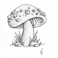 a black and white drawing of a mushroom with bubbles on it's cap, sitting in the grass