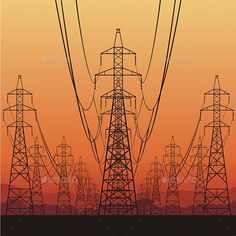 power lines at sunset with orange sky in the background - landscapes nature conceptual, graphic art