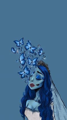 a woman with blue hair and butterflies on her head is shown in this artistic photo