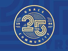 the 25th anniversary logo for grace versus community, which is gold on a blue background