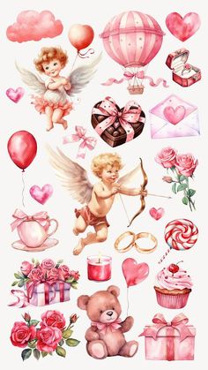 an image of valentine's day decorations with cupcakes, balloons and teddy bears