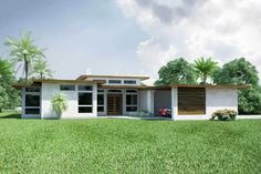 a rendering of a modern house in the middle of a grassy area with palm trees