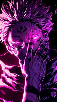 an anime character with purple hair holding his hand to his face