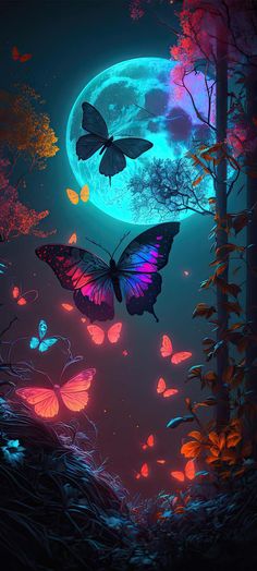 two butterflies flying in front of a full moon with trees and bushes around them,