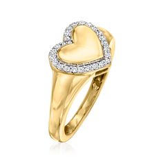 Ross-Simons - .15 ct. t. w. Diamond Heart Signet Ring in 14kt Yellow Gold. Size 8. Everyone loves a signet! Our classic 14kt yellow gold ring features a charming heart design edged by .15 ct. t. w. diamond rounds. 3/8" wide. Diamond heart signet ring. Diamond birthstones are the perfect gift for April birthdays. Yellow Gold Heart Ring, 14k Stamped Diamond Ring For Valentine's Day, 14k Heart Cut Diamond Ring For Valentine's Day, Stamped 14k Diamond Ring For Valentine's Day, Valentine's Day 14k Stamped Fine Jewelry Diamond Ring, Valentine's Day 14k Yellow Gold Diamond Ring, Yellow Gold Diamond Ring For Anniversary On Valentine's Day, Classic Heart Shaped Ring With Diamond Accents, 14k Stamped Heart Cut Diamond Ring For Anniversary