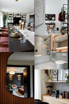 a collage of photos showing different rooms and furnishings in the same house, including kitchen, dining room, living room and bedroom