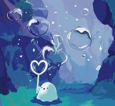 an image of bubbles floating in the air with hearts coming out of them and a ghost