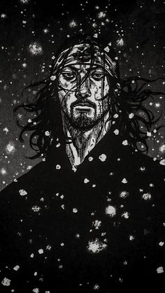 a black and white drawing of a man with long hair looking up at the sky