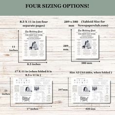 the four sizes of newspapers are shown in three different positions, including one for each page