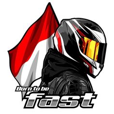 a person wearing a motorcycle helmet and holding a red white and blue flag with the words born to be toast on it