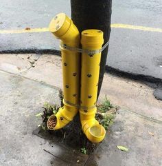 a yellow fire hydrant sitting next to a tree