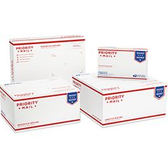 three boxes of priority mail on a white background