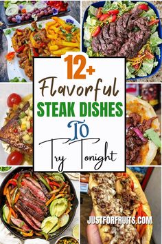 steak dishes with text overlay that reads, 12 flavorful steak dishes try tonight