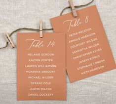 "Terracotta Wedding Seating Chart Cards, Reception Seating Cards, DIY Seating Display, 5x7 Printed Table Lists Each 5\" x 7\" printed table list is printed on the card stock color of your choice, choose from over 14 on-trend wedding colors! Colors are shown in the drop down box while checking out. String and clothes pins are not included with your purchase. HOW TO ORDER PRINTED WEDDING TABLE SEATING CHART CARDS TO PLACE YOUR ORDER: * Pick your quantity from the drop down menu and add to cart * Choose the card stock color you want your table lists to be printed on * Leave the font choice in the personalization box * After placing your order, please e-mail your spreadsheet of table names and guests names to hello [at] sidestreetdesigns.com. Your spreadsheet will need two columns. Please use Seating Chart Cards, Wedding Table Seating Chart, Wedding Seating Cards, Table Seating Chart, Diy Seating, Wedding Table Seating, Table Assignments, Terracotta Wedding, Reception Seating