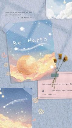 two cards with flowers on them and the words be harry written in white writing below