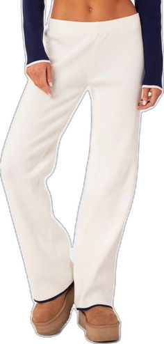 White Full Length Pants For Winter, White Full-length Pants For Winter, White Full-length Winter Pants, Chic White Winter Bottoms, Winter White Stretch Pants, Chic White Bottoms For Winter, Beige Ribbed Knit Bottoms, White Wide Leg Pants For Winter, White Full Length Pants For Fall