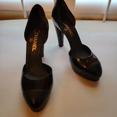 Never Worn. These Are Gorgeous Shoes. I Do Not Have The Original Box. They Have Been Stored In A Plastic Box In Felt Shoe Bags To Protect The Leather. Toe Is Matte Black Leather. Rest Of The Body Is Black Patent Leather. Heel Is Sculpted And Has The Cc Logo On The Inside Close To The Tip. Platform Is Slightly Over .5", Heel Is 5". Made In Italy. Serious Offers Only. Black Platform Pumps, Felt Shoes, Shoe Bags, Gorgeous Shoes, Black Platform, Chanel Black, Cc Logo, Platform Pumps, Black Patent Leather