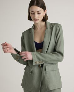 Who doesn't want to throw on the effortless look of linen to top off their outfit? The single-breasted European Linen Blazer is here to do just that. Relaxed fit, functional pockets, breathable, and lightweight. We love her for work, vacation, and weekends—versatile is an understatement.  | Quince | Women's 100% European Linen Blazer in Light Cargo, Size Medium Summer Linen Blazer For Day Out, Casual Linen Single Button Blazer, Casual Single Button Linen Blazer, Casual Summer Blazer With Button Closure, Casual Summer Blazer For Everyday, Summer Green Linen Blazer, Casual Linen Blazer With Buttons, Fitted Linen Casual Blazer, Casual Fitted Linen Blazer