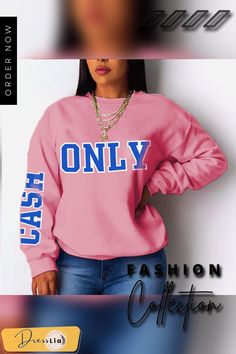 Fleece Cotton Tops Letter Print Women Sweatshirt Long Sleeve Fleece Top With Letter Print, Fleece Tops With Letter Print And Long Sleeves, Fleece Long Sleeve Top With Letter Print, Long Sleeve Sweats With Text Print For Fall, Fall Long Sleeve Sweats With Text Print, Pink Long Sleeve Sweater For College, Pink Long Sleeve College Sweater, Pink Winter Tops For College, Pink Fleece Tops With Graphic Print