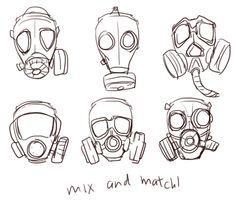 six different types of gas masks with the words mix and watch written on them in black ink