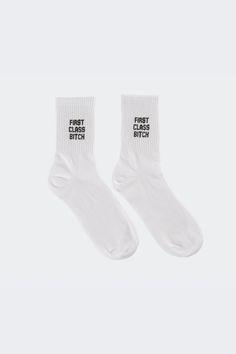 Affordable White Socks With Letter Print, Trendy Cotton Socks With Letter Print, Trendy Letter Print Cotton Socks, Trendy Cotton Letter Print Socks, Cotton Socks With Letter Print For Streetwear, Casual Cotton Letter Print Socks, Cute White Socks With Letter Print, First Class, Fabric Material