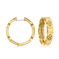 Roberto Coin "Love in Verona" 18kt Yellow Gold Hoop Earrings. 3/4". Founded in Vicenza, the City of Gold in 1977, Roberto Coin jewelry celebrates the elegance of femininity, creativity and craftsmanship. From the "Love in Verona" collection, these timeless hoop earrings boast lovely floral motifs in satin and polished 18kt yellow gold. Includes a hidden Roberto Coin signature inside: a tiny gemstone as a secret gift of good wishes to every woman wearing them. Hanging length is 3/4". Made in Ital Luxury Huggie Hoop Earrings, Luxury Polished Hoop Earrings, Luxury Polished Finish Hoop Earrings, Luxury Yellow Gold Hoop Earrings For Formal Occasions, Luxury Yellow Gold Hoop Earrings For Formal Events, Anniversary Yellow Gold Hinged Hoop Earrings, Luxury Hoop Earrings For Anniversary, Luxury Hoop Huggie Earrings For Anniversary, Luxury 14k Gold Hoop Earrings For Wedding