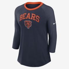 Made with soft tri-blend material, the Chicago Bears Knockout Arch T-Shirt features contrasting raglan sleeves that help comfortably increase your range of motion as you support your favorite NFL squad. Nike Navy Tops Team Spirit, Nfl Chicago Bears, Nfl T Shirts, Nike Nfl, Bear T Shirt, Nike Tshirt, Chicago Bears, Rugby Shirt, Blue Tshirt