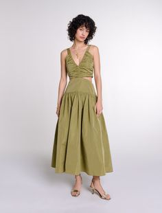 Cutaway taffeta dress | Maje US Party Vibe, Ceremony Dresses, Blazer Jeans, Taffeta Dress, Dress Yellow, Khaki Dress, Tweed Dress, French Fashion, New Arrival Dress