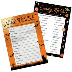 two halloween word scrambles with candy on them