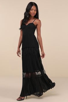 The compliments will never end once you make your entrance in the Lulus Stunning RSVP Black Pleated Lace Sleeveless Bustier Maxi Dress! Airy woven chiffon shapes this memorable dress that falls from adjustable spaghetti straps into a sweetheart neckline and a bustier-style bodice with supportive boning. High, fitted waist tops an accordion-pleated, A-line skirt that boasts ruffled, sheer lace panels as it falls to an elegant maxi hem. Hidden back zipper/clasp. Fit: This garment fits true to size Pleated Bustier, Black Tie Wedding Guests, Dress Pleated, Black Tie Wedding, Lace Panelled, Corset Dress, Sheer Lace, Guest Dresses, A Line Skirt