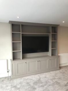 Grey TV Media unit with cupboards Media Unit With Storage, Tv Bookcase Wall Bedroom, Media Wall Around Window, Tv Storage Wall Unit, Shallow Tv Built In, Tv Media Wall With Storage, Tv Wall Unit Small Space, Storage Media Wall, Media Wall Victorian House