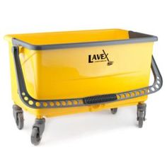 a yellow and gray mop bucket on wheels with the word lavex above it