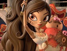 a cartoon girl with long brown hair and big eyes holding a microphone in front of other animated characters