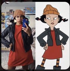 a woman in a red dress and black jacket holding a cell phone next to an image of cartoon characters