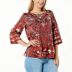 Colleen Lopez Woven Relaxed Fit Printed Top  This easy-breezy woven top features an amazing print that's sure to complement your style. It perfectly pairs with just about any pant, legging or skirt. Printed Tops For Day Out In Fall, Trendy All Over Print Beach Top, Vibrant Print Tops For Vacation, Chic Spring Tops With All Over Print, Chic Spring All Over Print Tops, Chic All Over Print Tops For Spring, Chic All Over Print Spring Tops, Patterned Tops With All Over Print For Vacation, Beach Blouse With Graphic Print