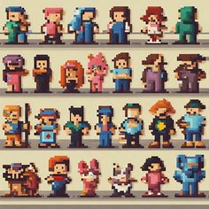 an image of people in different poses on a shelf with pixel art style screenshots