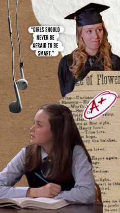 a collage of two girls in graduation caps and gowns, one with headphones on