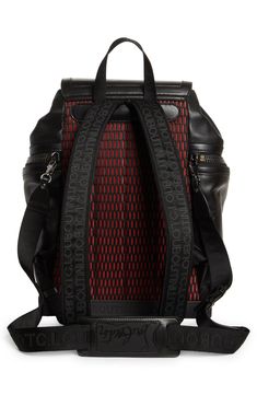 Logo-jacquard webbing defines this scaled-down calfskin backpack designed with a Louboutin-red lining and reinforced with a sturdy, boldly branded base. Light padding at the straps and mesh back ensure comfortable carrying—or attach the webbed crossbody strap for additional carrying options. Magnetic-snap flap with drawstring closure Top carry handle; adjustable backpack straps; removable, adjustable crossbody strap Exterior zip pockets Interior wall and zip pockets Mesh-padded back Cotton linin Designer Backpack With Leather Backing, Designer Leather Backpack With Zipper, Luxury Coated Canvas Leather Backpack, Luxury Coated Canvas Leather Backpack With Zipper, Luxury Backpack With Leather Backing, Luxury Textured Leather Backpack, Designer Black Backpack With Leather Trim, Designer Leather Backpack With Leather Trim, Designer Black Leather Backpack With Adjustable Strap