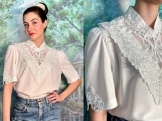 Vintage rare white blouse in embroidery and lace details. Fits size Medium. - Excellent condition - 67% viscose, 33% polyester - One-sided measurements: bust: 49cm, shoulders: 37cm, sleeves: 33cm, length: 68cm - Wash at or below 30oC White Tops With Lace Collar, Spring White Lace Top With Lace Work, Feminine Floral Embroidery Blouse For Daywear, Feminine Blouse With Floral Embroidery For Daywear, Spring Formal Lace Patchwork Top, Elegant Embroidered Top For Spring Daywear, Feminine White Blouse With Lace Patchwork, Spring Lace Top With Lace Work For Daywear, Summer Wedding Blouse With Lace Sleeves