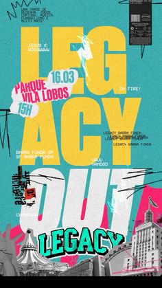 a poster with the words leg acy out in front of a cityscape