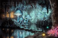 an artistic painting of mushrooms in a forest by the water at night with lights shining on them