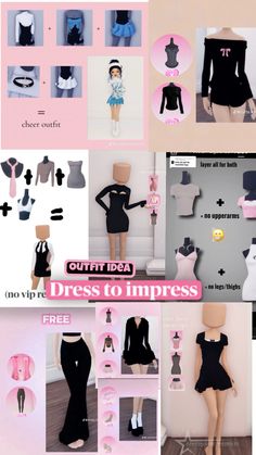 the dress to impress doll is shown in several different poses, including mannequins and dresses