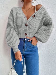 Grey Casual Collar Long Sleeve Knitwear Plain  Embellished Slight Stretch  Women Clothing Sweaters With Buttons, Crop Button Up Sweater Outfit, Beachy Winter Outfits, Cropped Cardigan Outfit, Short Sweaters, Crop Sweaters, 369 Method, Exaggerated Collar, Preppy Business