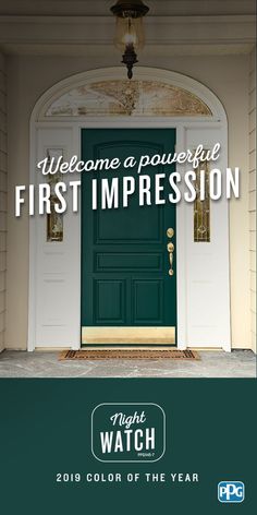 a green door with the words first impression on it and an image of a light fixture