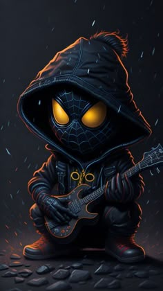 a cartoon character with yellow eyes and a black hood playing an electric guitar in the rain