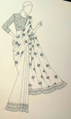 a drawing of a woman's dress in black and white